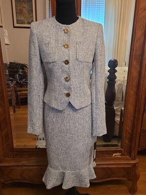 Donna Karan Grey Tweed Skirt Suit with Gold Buttons